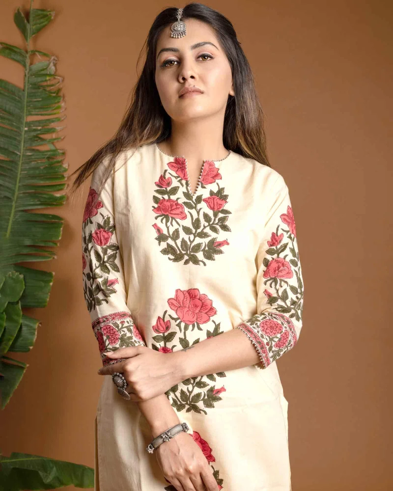 GoSriKi  GoSriKi Women's Rayon Blend Straight Printed Kurta with Pant & Dupatta (ACTUAL-CREAM-GS_M_Cream_Medium) for Women | Best Price UAE